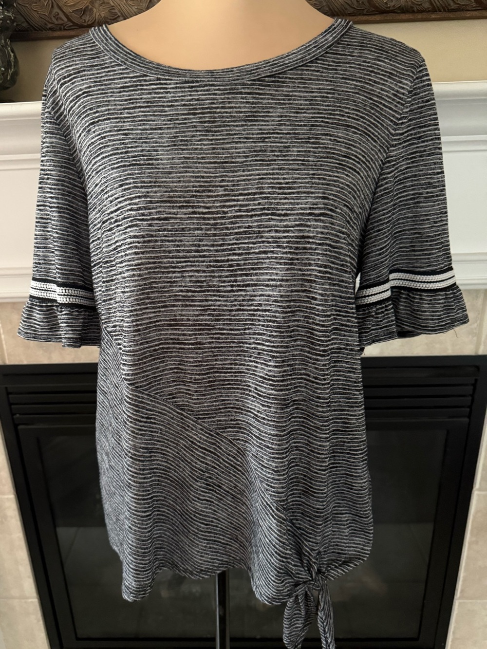 Apt 9 Women's Top Tie Waste Butterfly 3/4 Sleeve Black/White  Ribbon Detail
